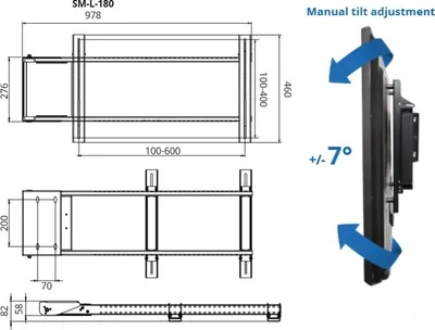 Technical drawings and a diagram of a TV wall mount with dimensions and tilt adjustment.