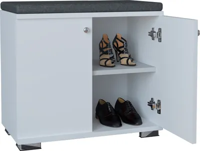 A white shoe cabinet with a dark gray upholstered top, open doors revealing shoes on shelves.
