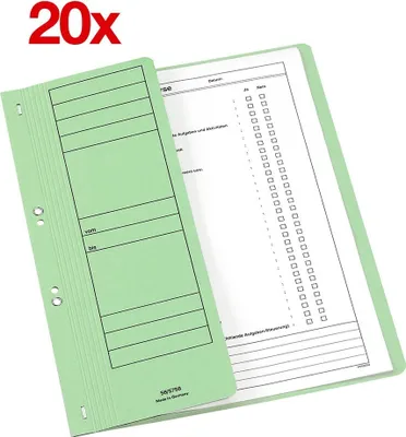 A light green binder is shown with a printed document inside. The binder has fields for writing on it. The document is a checklist with checkboxes.