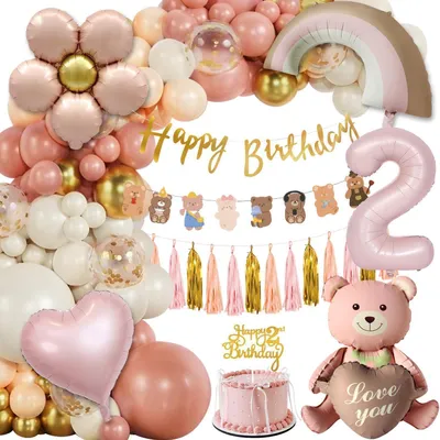 Produktbild von Geburtstagsdeko 2 Jahre Mädchen, Luftballons, Bären Girlande, Retro Rosa Banner, Happy Birthday, 2 Folienballons