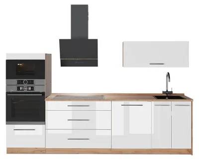 Zdjęcie produktu dla Zabudowa kuchenna Vicco Fame-Line Biały wysoki połysk/Dąb goldkraft 280 cm bez blatu roboczego, Model 64702