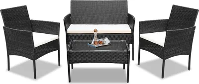 Immagine prodotto di Set di mobili da giardino Clanmacy, mobili da balcone con cuscini, set da balcone in polyrattan con poltrona e tavolo, set di mobili da terrazza in rattan per balcone, nero, giardino, veranda (4 pezzi)