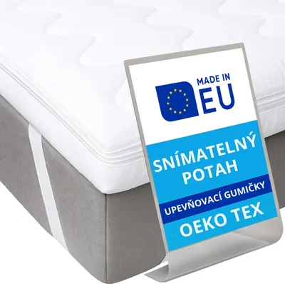 A white mattress topper on a gray bed base, with a blue and white marketing label in the foreground.