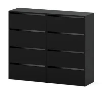 A black shoe cabinet with multiple drawers.