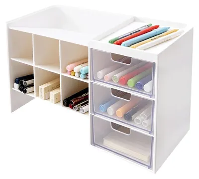 Schreibtisch-Organizer mit 6 Fächern und 3 Schubladen, stapelbar, weiß