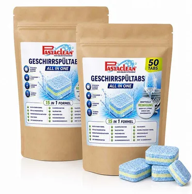 Produktbild von Pastaclean Spülmaschinentabs All in One 100 Stück – 15in1 Geschirrspültabs mit Enzymen gegen Fett & Eingetrocknetes, einzeln verpackt