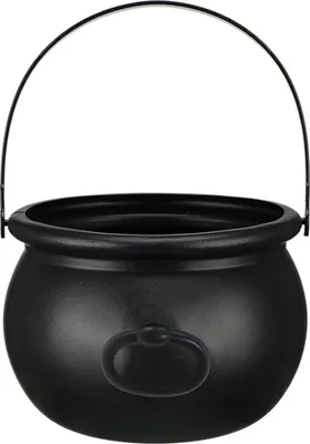 A black plastic cauldron with a handle, presented against a white background.