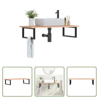 Image de The Living Store Plan de toilette avec support Acier et bois massif Chêne