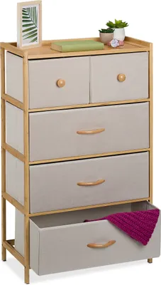 Image de Commode Relaxdays, bambou, 5 tiroirs en tissu, entrée, chambre, L x P x H 94 x 58 x 32,5 cm, commode à tiroirs, naturel/beige
