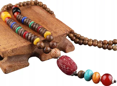 Produktbild von NEPAL BUDDHIST Holz Halskette MALA Amulett aus handgefertigten Perlen TYBET