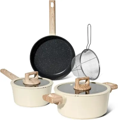Obrázek produktu pro Sada nádobí Just Perfecto JL-331, 6 kusů, mramorový povrch, indukce, skleněné víko s parním otvorem, béžová