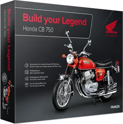 Produktbild von FRANZIS 67215 - Honda CB 750 Build your Legend, Metall Modellbausatz im Maßstab 1:24, inkl. Soundmodul und 68-seitigem Begleitbuch