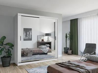 Produktbild von Krudox LUX Weiß Schiebetürenschrank Kleiderschrank 203x216x62 cm mit Spiegel - Schlafzimmermöbel – Mehrzweckschrank mit 4 Kleiderstangen