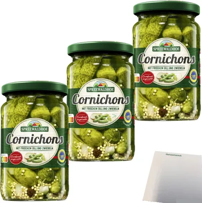 Produktbild von Spreewaldhof Cornichons mit frischem Dill und Zwiebeln 3er Pack (3x330g Glas) + usy Block