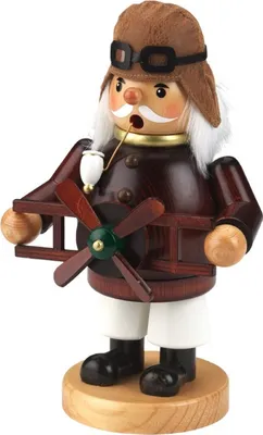 Räuchermännchen Pilot aus dem frühen 20. Jahrhundert. Mit brauner Lederfliegermütze und Schutzbrille