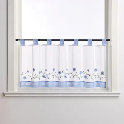 Produktbild von Joyswahl Scheibengardinen Bistrogardine Schlaufen Modern Küche Gardinen Landhausstil Kurzstores mit kleiner Gänseblümchen-Stickerei Transparent Blau-Weiß HxB 45x90 cm