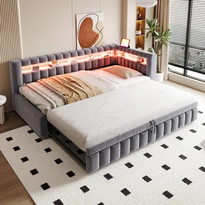 Produktbild von Merax Polsterbett 90×202cm mit Ausziehbett, Tagesbett mit LED und Kopfteil-Ablagen, Schlafsofa mit USB-Ladeanschluss,Kinderbett mit Samtstoff,Grau