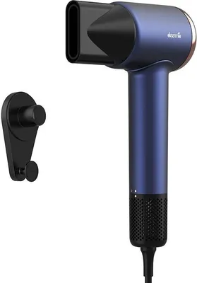 A blue hairdryer and a black hook are shown against a white background.