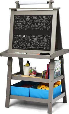 Produktbild von Kinder Staffelei, Whiteboard & Kreidetafel 2 in 1, Doppelseitige Standstaffel mit Zeichenpapier, Schreib- & Malbrett inkl. 2 Pigmentbecher, Zeichentafel mit 2 Ablagen, 59x50x117cm (Grau)