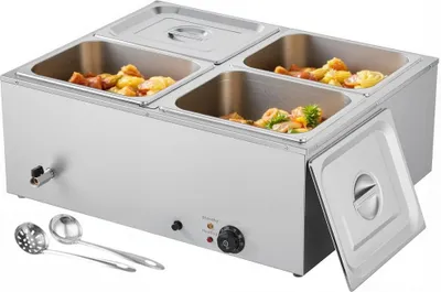 Image de Chauffe-plats électrique commercial 1,5kW - Plateaux de cuisson en acier inoxydable (4 récipients de 1/2 taille) avec couvercle & louche - Idéal pour les traiteurs, les restaurants et les fêtes