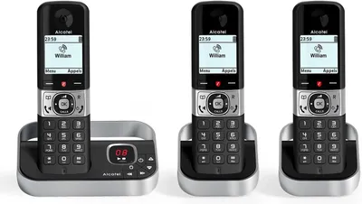 Immagine prodotto di Alcatel F890 Voice Trio - Telefono cordless DECT nero con segreteria telefonica - Set da 3 ricevitori, ampio display di facile lettura, tasti grandi ed ergonomici, funzione vivavoce, blocco chiamate, rubrica, identificazione del chiamante