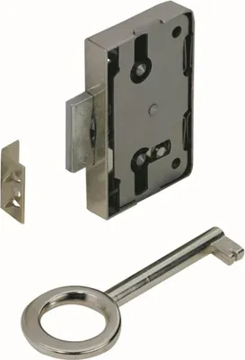 A lock mechanism and a key are shown against a white background.