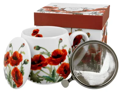 Becher 430 ml mit Teesieb, New Bone China Porzellan, Mohnblumen