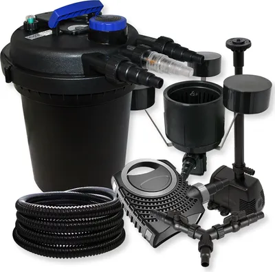Zdjęcie produktu dla Kompletny zestaw SunSun: filtr ciśnieniowy do oczka wodnego CPF-250 do 10000 l 11 W, odstojnik, pompa do oczka wodnego NEO10000 10000 l/h 80 W, wąż 25 m 25 mm, skimmer CSP-250 2500 l/h 45 W, fontanna HJ-943 800 l/h 16 W, rozdzielacz Y