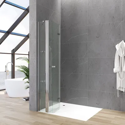 Produktbild von Duschwand Glas Duschabtrennung Faltbar Walk in Dusche Duschtür Duschtrennwand Falttür Dusche Glaswand Drehfalttür 95x187 cm Klarglas mit Verstellbereich Duschablage Festteil Hebe- und Senk Mechanismus