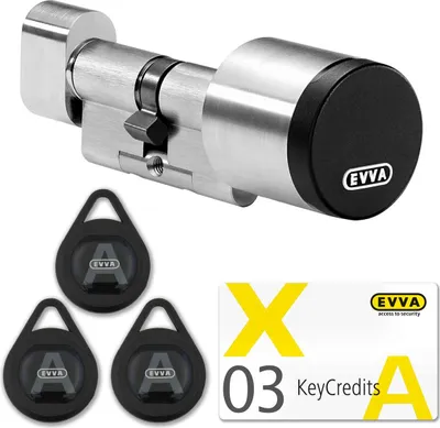 Produktbild von EVVA AirKey Starter Set - Digitaler Knaufzylinder | elektronisches Türschloss | modularer Schließzylinder + 3 Transponder + 6 Credits | Smartphone-Steuerung NFC Bluetooth | Nickel | 71/71K