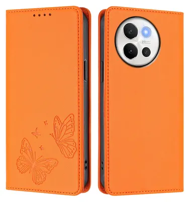 Image de Étui en cuir pour Vivo V40 Lite 5G, étui de protection type portefeuille en cuir gaufré « papillon » avec support, couleur orange