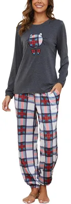 Produktbild von Pyjama für Damen, lange Ärmel – Baumwoll-Pyjama-Set – Rundhalsausschnitt – Pyjamahose – Weiche Schlafbekleidung – Elastischer Bund