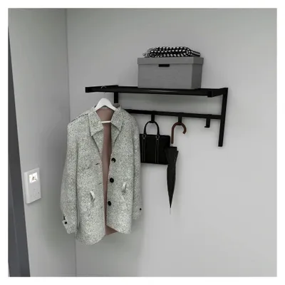 Produktbild von Wandgarderobe Tolga mit Hakenleiste und Hutablage, Flurgarderobe, Kleiderstange, Schwarz, Jackenhalter, Metall, Kleiderhakenleiste