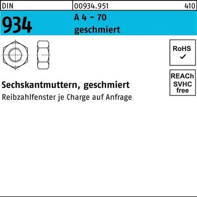 Produktbild von Reyher  Sechskantmuttern DIN 934 A 4-70 M 10 A 4 (250 Stück)