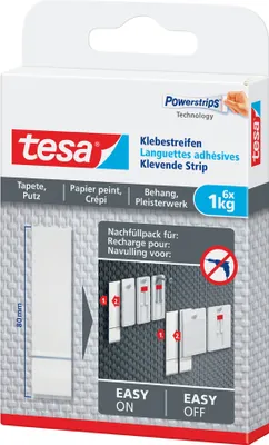 Produktbild von tesa Powerstrips Klebestreifen für Tapete/Putz transparent bis 1 kg (6 Stück)