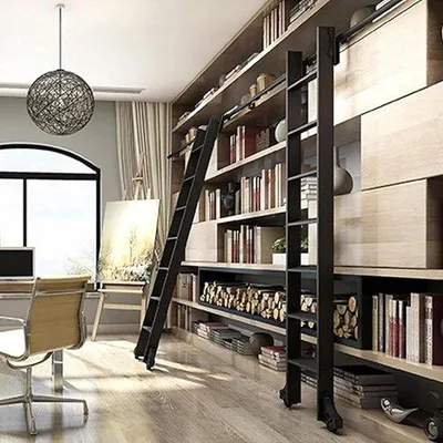 Productafbeelding van Schuifladder Hardware Set - Ladderrailsysteem Bibliotheekladder - Hoge Planken Bereiken - Met Remmen en Wielen - 2.44 meter - Zwart