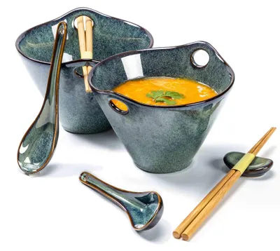 Ramen-Kom-Set Keramik grün 600 ml, 2-tlg., inkl. Essstäbchen & Löffel
