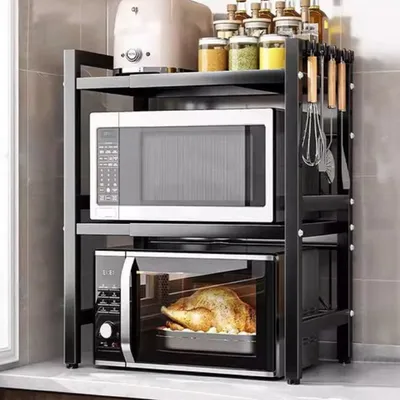 Produktbild von Erweiterbares Mikrowellen Regal mit 6 Haken, 3 Etagen  Mikrowellenständer Standregal Mikrowellenhalter Küchentheke Organizer, Schwarz