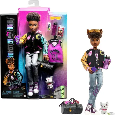 Immagine prodotto di Bambola Monster High Mattel, bambola Clawd Wolf con animale domestico Gargoyle Bulldog e accessori