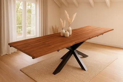 Produktbild von Esstisch Baumkante 220(320)x100 cm mit Ansteckplatten Akazie nougat massiv Spider-Gestell schwarz JANOSH