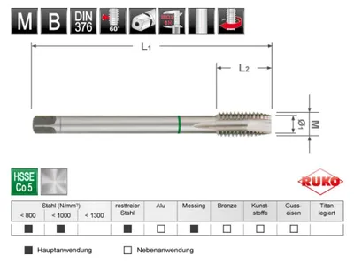 Produktbild von RUKO Maschinengewindebohrer M DIN 376 HSSE-Co 5 M 12