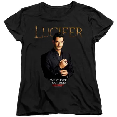 Obrázek produktu pro Tričko "Lucifer - Co si přejete?" pro dámy, model TV35962 (velikost M), barva černá