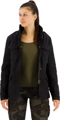 A young woman wearing a black jacket and camouflage pants.