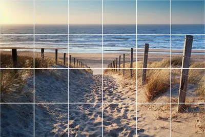 Produktbild von Fliesenaufkleber 15x15 cm – 24 Stück – Selbstklebend – Wasserfest – Pflegeleicht – Hitzebeständig – Für Küche & Bad – Weg zum Strand