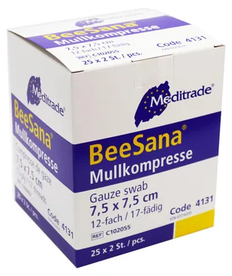 Immagine prodotto di Meditrade® 4131 Meditrade® Mull-Kompressen BeeSana®mit eingeschlagenen Schnittkanten 4131 weiß 7,5 x 7,5 cm, 25x 2 St.