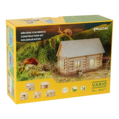 The image shows the packaging of a wooden construction set for building a model house, with a miniature house and a snail on a mossy hill depicted on the box.