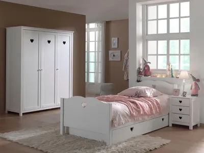 Produktbild von Einzelbett mit Schublade Nachtkonsole und Kleiderschrank Set Amori MDF Weiß