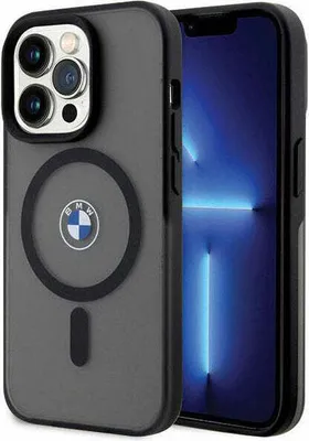 A BMW branded phone case for an iPhone 14 Pro is shown on a light gray background.