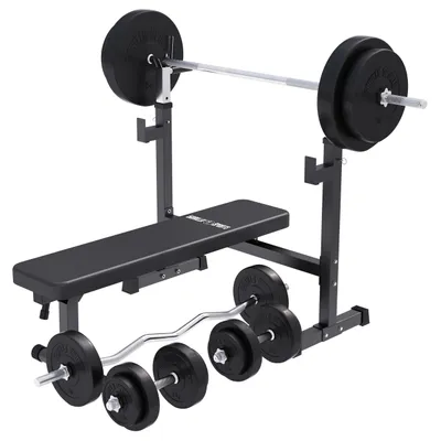 Produktbild von GORILLA SPORTS® Hantelbank - mit Ablage, 100 kg Set, 170 cm Langhantel, 35 cm Kurzhantel, 120 cm SZ Stange, Schwarz - Trainingsbank mit Gewichten