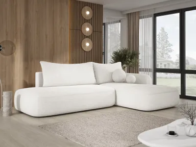 Produktbild von DomoHome Ecksofa BABU Mit Bettfunktion – Moderne Polsterecke Für Wohnzimmer Funktionales Schlafsofa Im Stoff NOW OR NEVER Größe: 300x105x60cm, Rechte Seite Farbe: WEISS